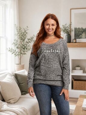 TORRID Sequin "Beautiful" Raglan Grey Cotton  Sweater Size 1